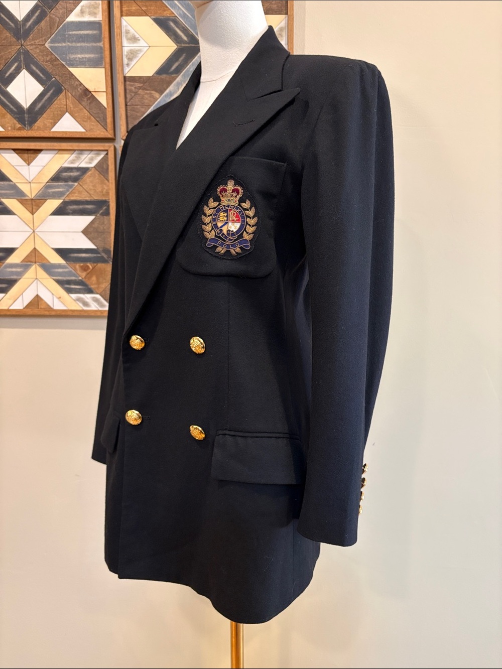 Vintage Ralph Lauren Blue Label 80s Wool Cashmere Black Logo Blazer Suit Coat 4 - Picture 4 of 14